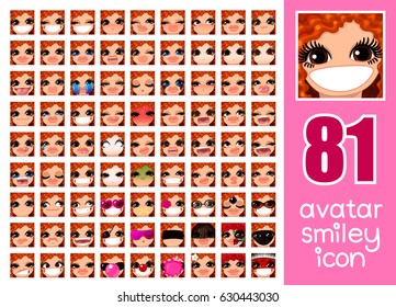 vector SET-81 social media avatar emoticon smiley emoji icon. Different funny emotion expression girl face. Kawaii web cartoon character. People human woman lady female graphic profile chat symbol. 25