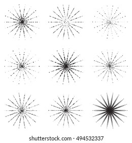 Vector set.Dotwork stars and rays.Illustration of random black dots