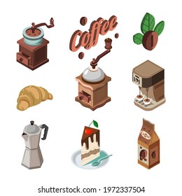 Vector, set-isometric images coffee grinder croissant coffee bean with green leaves, electric coffee machine, a pack of coffee. Isolated items on white background 