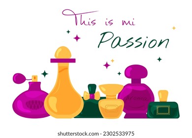 Vector Set.Perfume Bottle.Fragrance.Perfume.Woman.Passion.Banner, Poster. Doodle Style.Hand Drawn.Bright Colors.Retro.90s,70s,80s.Glass.Packaging,Holiday.Fashion.Modern.White Background.EPS 10.