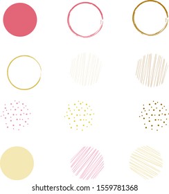 Vector set.Round shapes in yellow, pink and golden colors. Carved lines, dots and art strokes. Elements for design.