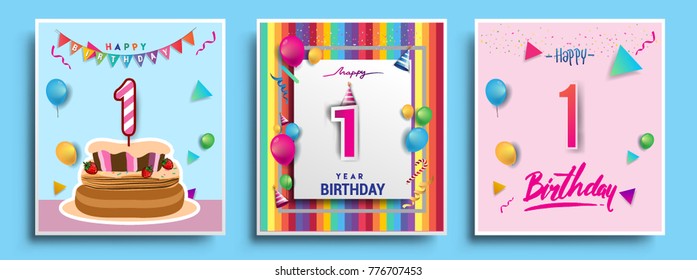 Vector Sets of 1 Year Birthday invitation, greeting card Design, with confetti and balloons, birthday cake, Colorful Vector template Elements for your Birthday Celebration Party.