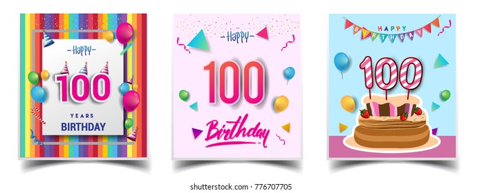 Vector Sets of 100 Years Birthday invitation, greeting card Design, with confetti and balloons, birthday cake, Colorful Vector template Elements for your Birthday Celebration Party.