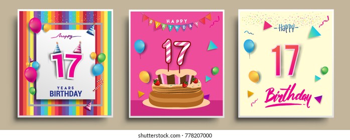 Vector Sets of 17 Years Birthday invitation, greeting card Design, with confetti and balloons, birthday cake, Colorful Vector template Elements for your Birthday Celebration Party.