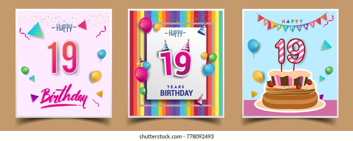 Vector Sets of 19 Years Birthday invitation, greeting card Design, with confetti and balloons, birthday cake, Colorful Vector template Elements for your Birthday Celebration Party.