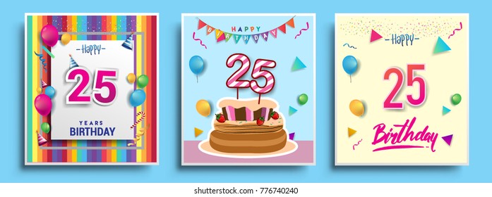 Vector Sets of 25 Years Birthday invitation, greeting card Design, with confetti and balloons, birthday cake, Colorful Vector template Elements for your Birthday Celebration Party.