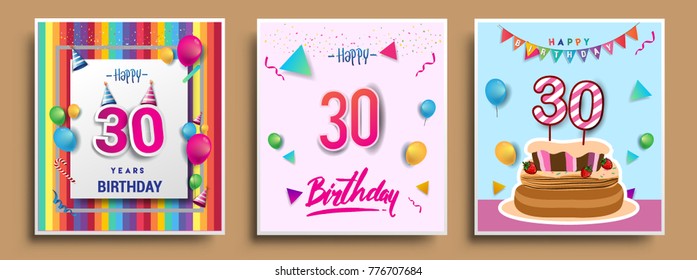 Vector Sets of 30 Years Birthday invitation, greeting card Design, with confetti and balloons, birthday cake, Colorful Vector template Elements for your Birthday Celebration Party.