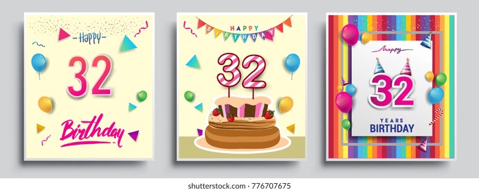 Vector Sets of 32 Years Birthday invitation, greeting card Design, with confetti and balloons, birthday cake, Colorful Vector template Elements for your Birthday Celebration Party.