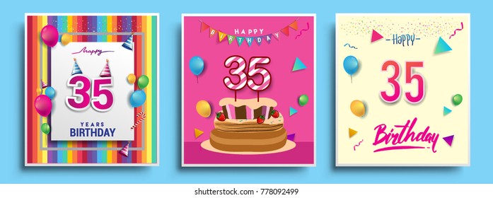 Vector Sets of 35 Years Birthday invitation, greeting card Design, with confetti and balloons, birthday cake, Colorful Vector template Elements for your Birthday Celebration Party.