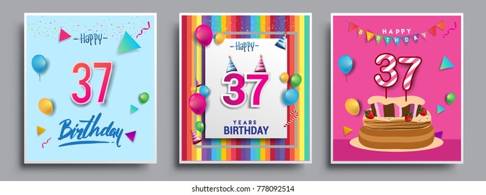 Vector Sets of 37 Years Birthday invitation, greeting card Design, with confetti and balloons, birthday cake, Colorful Vector template Elements for your Birthday Celebration Party.