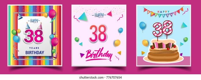 Vector Sets of 38 Years Birthday invitation, greeting card Design, with confetti and balloons, birthday cake, Colorful Vector template Elements for your Birthday Celebration Party.