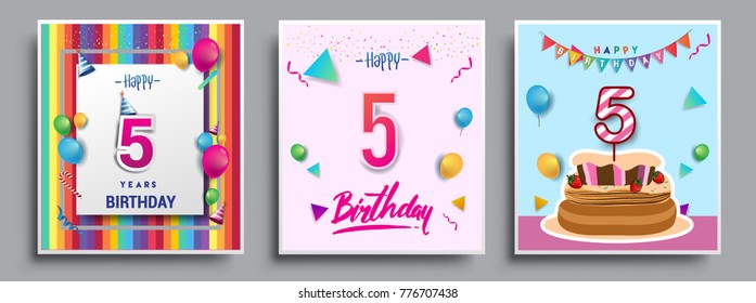 Vector Sets of 5 Years Birthday invitation, greeting card Design, with confetti and balloons, birthday cake, Colorful Vector template Elements for your Birthday Celebration Party.