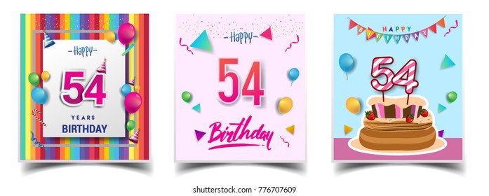 Vector Sets of 54 Years Birthday invitation, greeting card Design, with confetti and balloons, birthday cake, Colorful Vector template Elements for your Birthday Celebration Party.