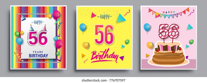 Vector Sets of 56 Years Birthday invitation, greeting card Design, with confetti and balloons, birthday cake, Colorful Vector template Elements for your Birthday Celebration Party.