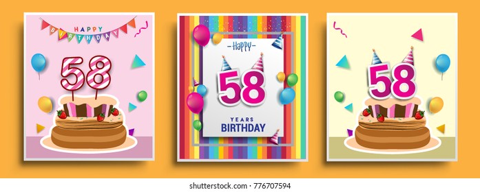 Vector Sets of 58 Years Birthday invitation, greeting card Design, with confetti and balloons, birthday cake, Colorful Vector template Elements for your Birthday Celebration Party.