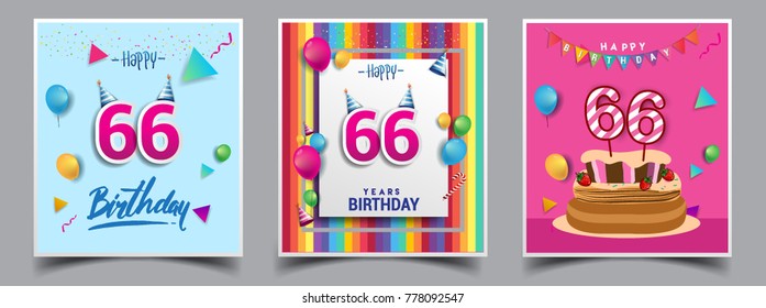 Vector Sets of 66 Years Birthday invitation, greeting card Design, with confetti and balloons, birthday cake, Colorful Vector template Elements for your Birthday Celebration Party.