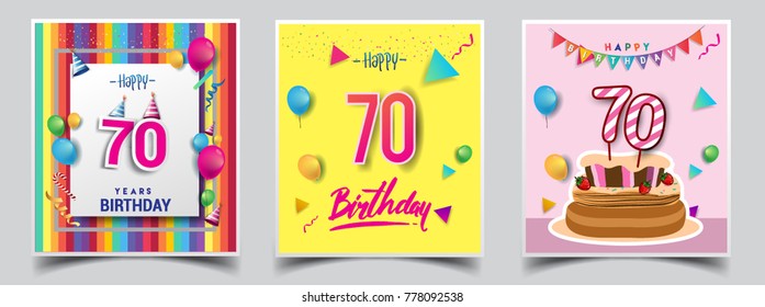 Vector Sets of 70 Years Birthday invitation, greeting card Design, with confetti and balloons, birthday cake, Colorful Vector template Elements for your Birthday Celebration Party.