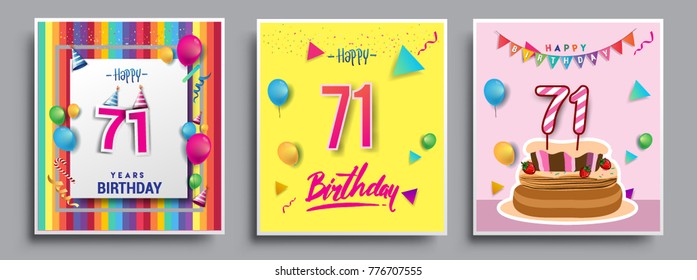 Vector Sets of 71 Years Birthday invitation, greeting card Design, with confetti and balloons, birthday cake, Colorful Vector template Elements for your Birthday Celebration Party.