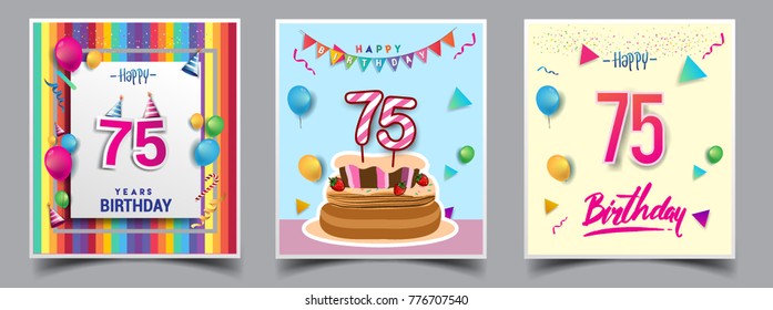 Vector Sets of 75 Years Birthday invitation, greeting card Design, with confetti and balloons, birthday cake, Colorful Vector template Elements for your Birthday Celebration Party.