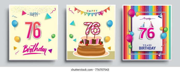 Vector Sets of 76 Years Birthday invitation, greeting card Design, with confetti and balloons, birthday cake, Colorful Vector template Elements for your Birthday Celebration Party.