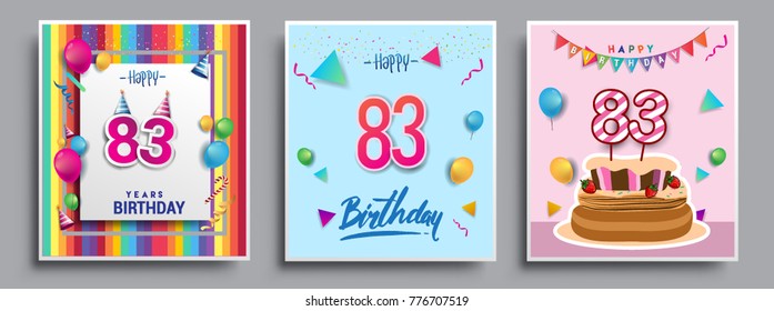 Vector Sets of 83 Years Birthday invitation, greeting card Design, with confetti and balloons, birthday cake, Colorful Vector template Elements for your Birthday Celebration Party.