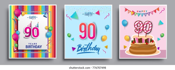 Vector Sets of 90 Years Birthday invitation, greeting card Design, with confetti and balloons, birthday cake, Colorful Vector template Elements for your Birthday Celebration Party.