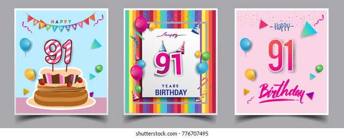 Vector Sets of 91 Years Birthday invitation, greeting card Design, with confetti and balloons, birthday cake, Colorful Vector template Elements for your Birthday Celebration Party.