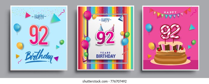 Vector Sets of 92 Years Birthday invitation, greeting card Design, with confetti and balloons, birthday cake, Colorful Vector template Elements for your Birthday Celebration Party.