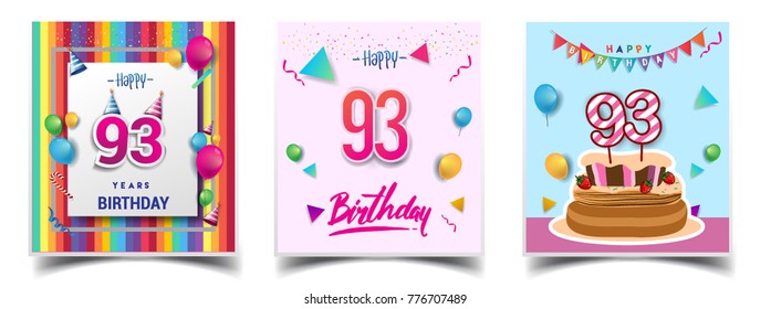 Vector Sets of 93 Years Birthday invitation, greeting card Design, with confetti and balloons, birthday cake, Colorful Vector template Elements for your Birthday Celebration Party.