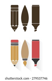 Vector sets of art tools or office supplies in flat style isolated on white background 
