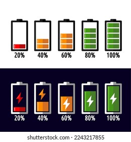 vector sets of battery charge level indicators and battery charging level mode
