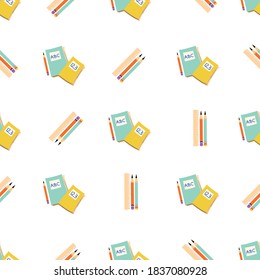 Vector sets of blue, yellow lettered notebooks and pencils with rulers seamless pattern background. Backdrop of study tools and stationery. Hand drawn all over print for back to school concept.