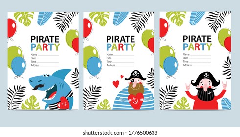 Vector sets of bright cards with pirates and shark. Invitation to the Birthday. Poster, postcard, invitation. Baby shower. pirate Party

