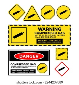 Vector sets of compressed gas signs illustration, warning stickers, danger stickers, and variations of yellow signs such as triangles, squares, octagons, and circle