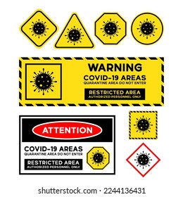 Conjuntos vectores de ilustraciones de signos de coronavirus, pegatinas de advertencia, adhesivos de atención y variaciones de signos amarillos como triángulos, cuadrados, octagones y círculos