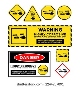 Vector sets of corrosive materials signs illustration, warning stickers, danger stickers, and variations of yellow signs such as triangles, squares, octagons, and circle