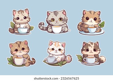 Vector sets of different types of cute cats eating tea with a white sticker border