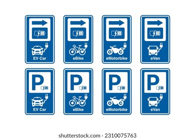 Conjuntos de vectores de lotes de estacionamiento electrónico y área de punto de carga. Letra P Símbolo de estacionamiento para auto electrónico, vehículo, motocicleta, bicicleta, camión. Estacionamiento para zona de conexión. Vector.