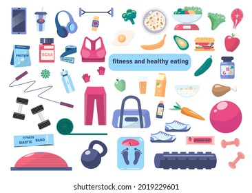 Vector sets for fitness classes introduction of a healthy lifestyle maintain health. Sportswear, accessories, sports nutrition, sports equipment. Isolated on a white background.