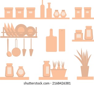 Vektorgrafik-Sets mit Küchenausstattung und beigefarbenen Werkzeugen einzeln auf Weiß. Schachtel, Gläser mit Etiketten, Teller, Geschirr, Schneidebrett, Grüne in Topf, Leiter, Colander. Gestaltungselemente.