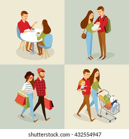 vector sets with people going for shopping, family with baby, couple in cafe