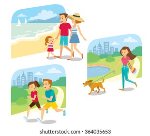 vector sets of people with summer background