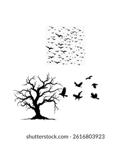 vector sets a silhouette of a flake of flying birds on the tree and on flying vector formats 