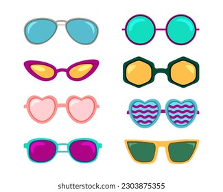 Vector Set.Sun, Strand, Meer, Urlaub, Erholung, Urlaub, Urlaub, Mode, Stil, Accessoires, weiblich, Brille, Sonnenbrille, Hut, Panama, Badeanzug, Sommer, Strand, Trend, .Banner, Poster. Doodle Style.EPS10.