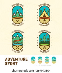 Vector : Sett of Adventure sport logo badges include Mountain Explorer,Summer Camping,Kayak camp,Forest explorer
