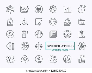 Vector settings Thin Line Icons. Technology properties of Device. Sign of engine, gravity, speed, velocity, weight, mass for website or device instruction