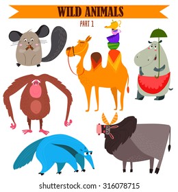 Vector set-Wild animals in cartoon style. Part 1: Chinchilla, camel, hippopotamus, anteater, zebu, chimpanzees.
Bright children cartoon collection. - stock vector
