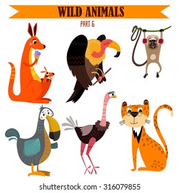 Vector set-Wild animals in cartoon style. Part 6: kangaroos, vulture,macaque, dodo, tiger, ostrich.
Bright children cartoon collection. - stock vector
