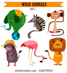 Vector set-Wild animals in cartoon style. Part 3: Elephant, numbat, monkey, flamingos, lion, yak.
Bright children cartoon collection. - stock vector
