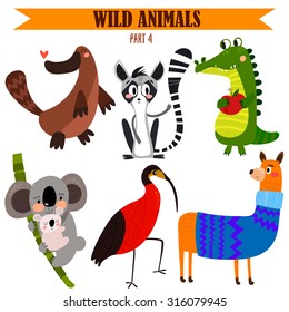 Vector set-Wild animals in cartoon style. Part 4: platypus, koala, ibis, alligator,lama,lemur.
Bright children cartoon collection. - stock vector
